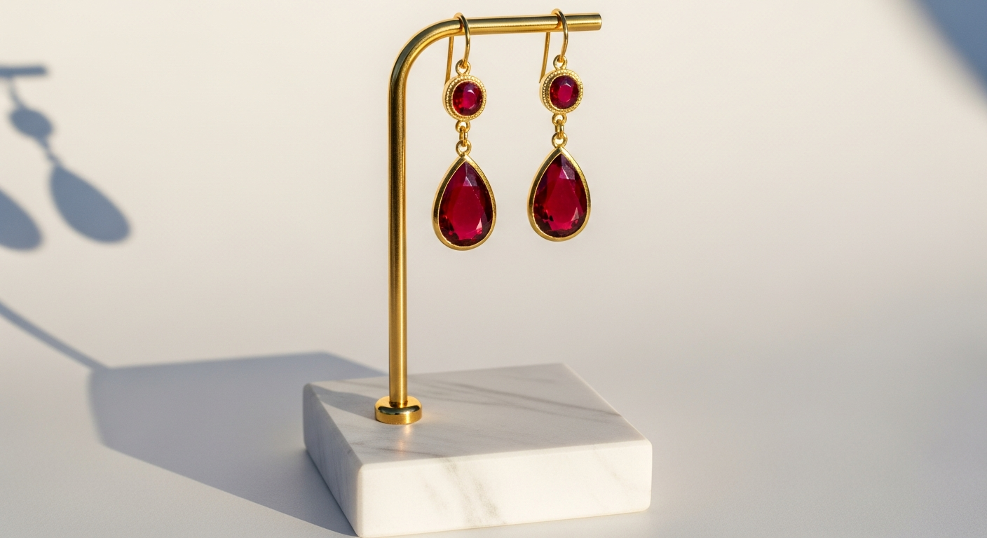 Boucles d'oreilles rubis élégantes sur présentoir luxueux