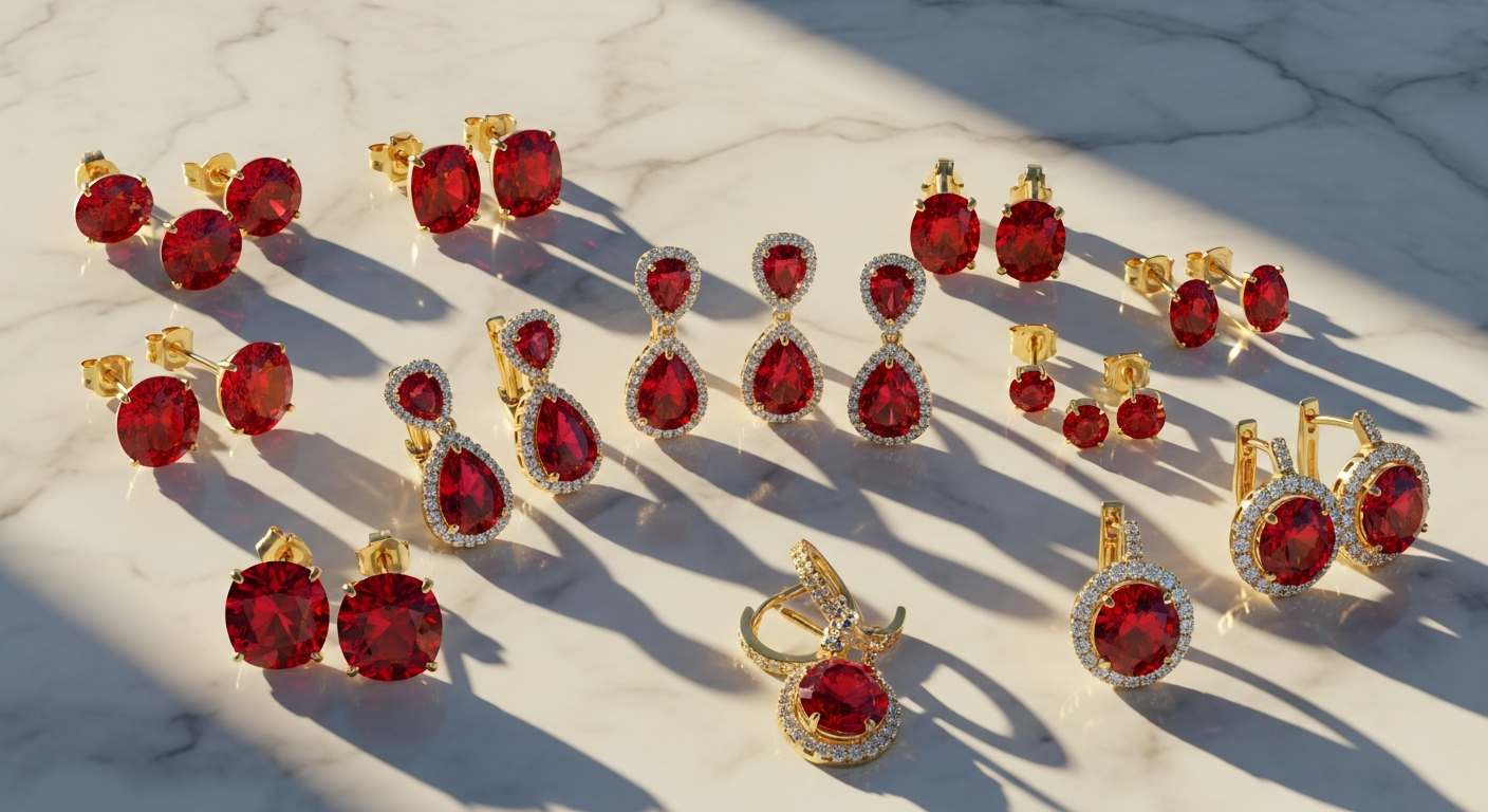 Boucles d'oreilles rubis géométriques design contemporain